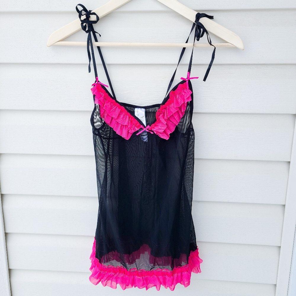 ➕NWOT➕Baci Black & Hot Pink Sheer Chemise